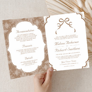 Beige Tan White Lace Coquette Bow QR Code Wedding Invitation