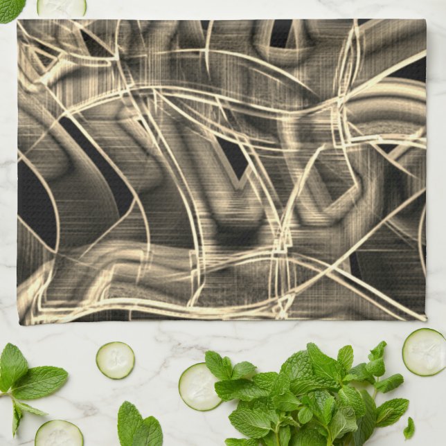 Beige tape-shaped curves, contrasted relief lines kitchen towel (Folded)