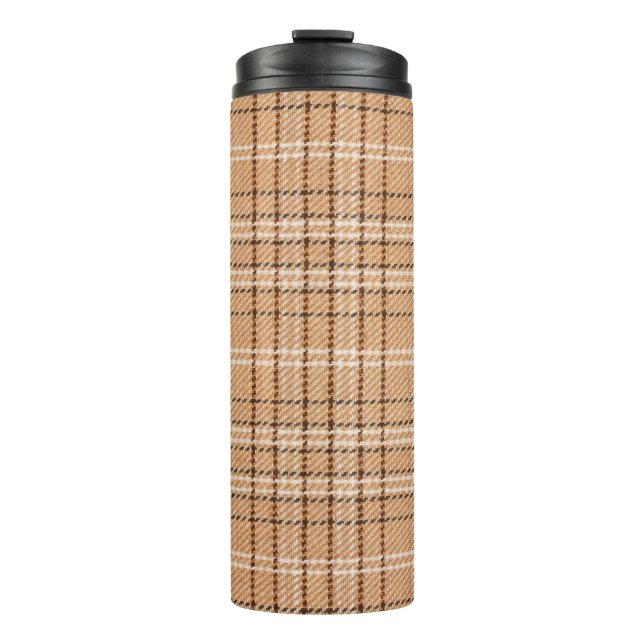 beige tartan background a checked plaid weave patt thermal tumbler (Front)