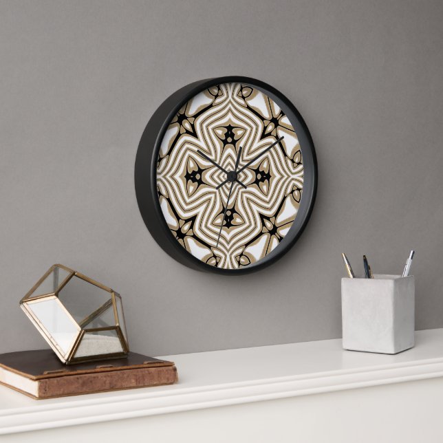 Beige Taupe Brown Black White Bohemian Art Clock (Office)
