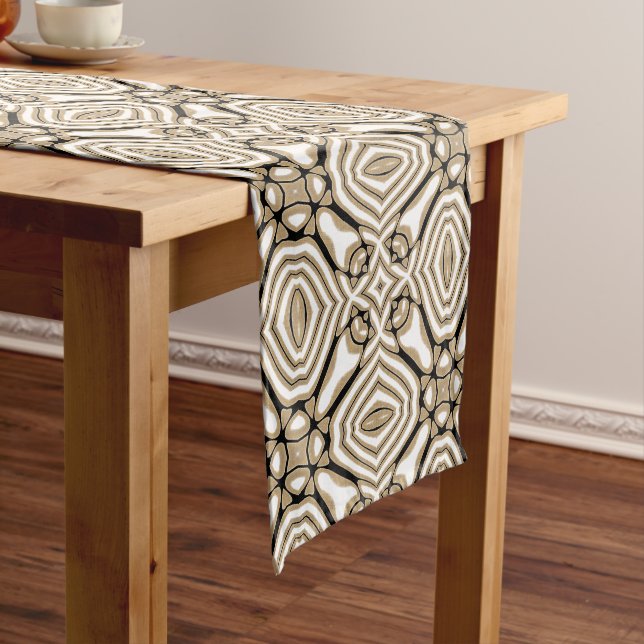 Beige Taupe Brown Black White Bohemian Tribe Art Medium Table Runner (In Situ)