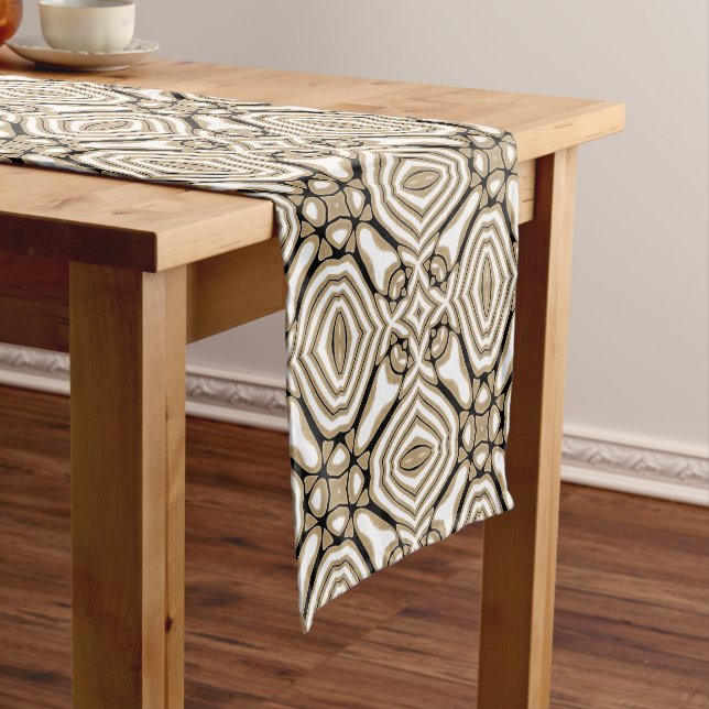 Beige Taupe Brown Black White Bohemian Tribe Art Short Table Runner (In Situ)