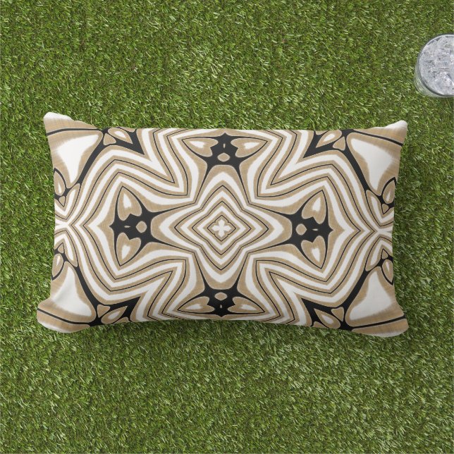 Beige Taupe Brown Black White Orient Art Pattern Lumbar Pillow (Grass)