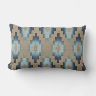 Beige Taupe Brown Dark Blue Grey Tribal Art Lumbar Pillow