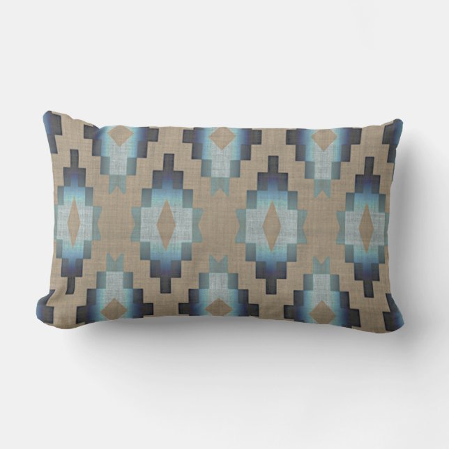 Beige Taupe Brown Dark Blue Grey Tribal Art Lumbar Pillow (Front)