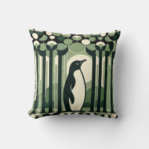Beige Taupe Geometrical Retro 70s Penguin Forest Throw Pillow