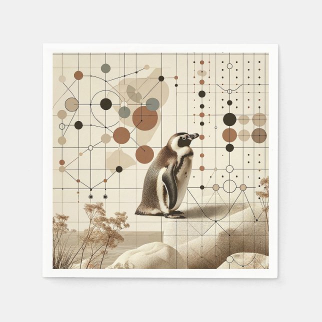 Beige Taupe Penguin In Geometry Pattern and Nature Napkin (Front)