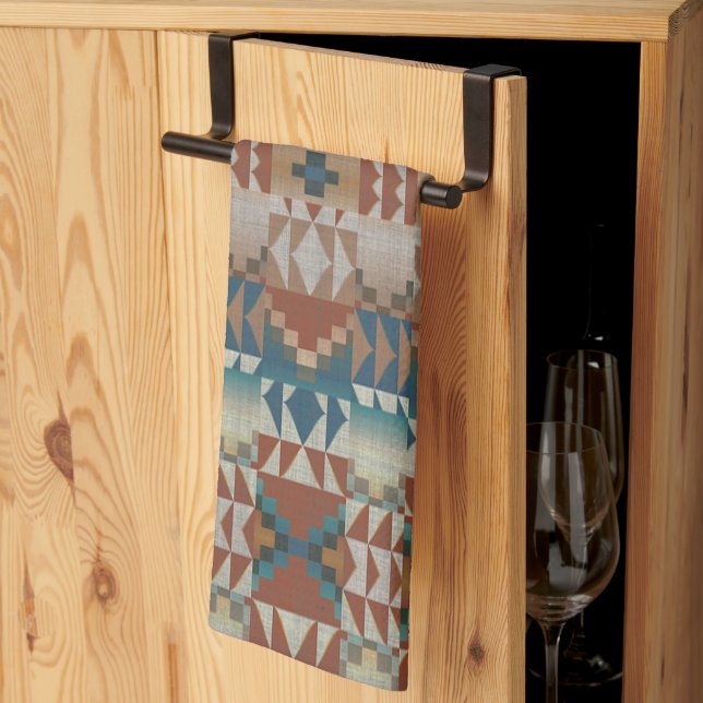 Beige Taupe Red Brown Teal Blue Tribal Art Pattern Kitchen Towel (Thirds Fold)