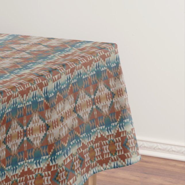 Beige Taupe Red Brown Teal Blue Tribal Art Pattern Tablecloth (In Situ)