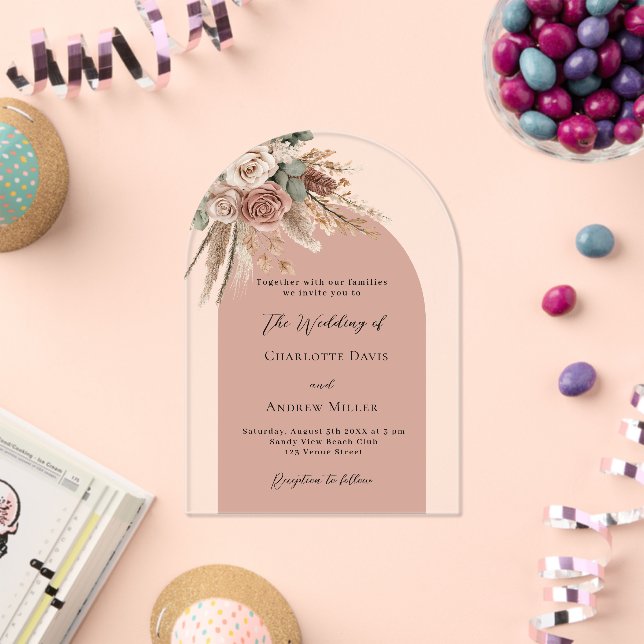 Beige taupe roses pampas arch clear wedding acrylic invitations (Insitu (Celebration))