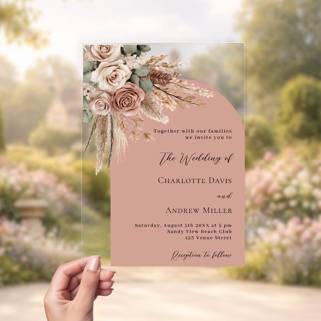 Beige taupe roses pampas arch clear wedding acrylic invitations (Creator Uploaded)