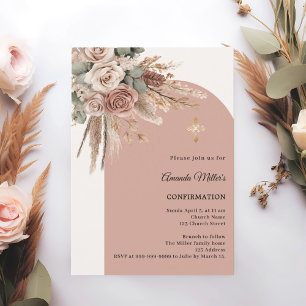 Beige taupe roses pampas arch ivory Confirmation Invitation