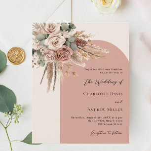 Beige taupe roses pampas arch wedding invitation