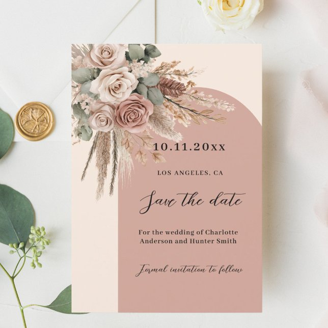 Beige taupe roses pampas arch wedding save the date (Creator Uploaded)