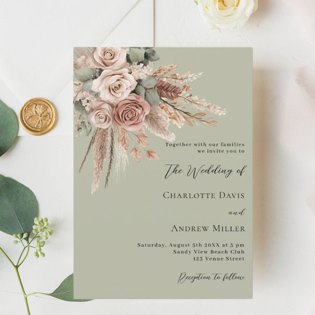 Beige taupe roses pampas grass sage green wedding invitation (Creator Uploaded)
