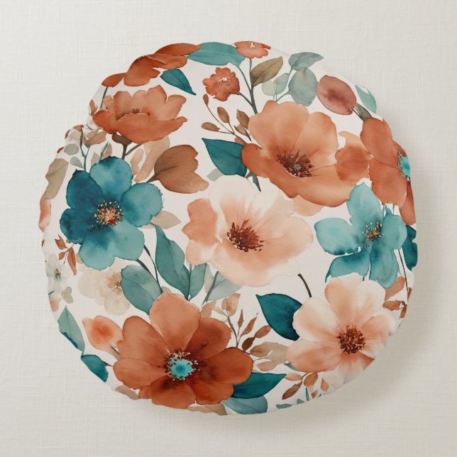 Beige, teal and rust floral round pillow (Front)