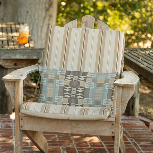 Beige Teal Blue Green Taupe Brown Tribal Art Lumbar Pillow (Chair)