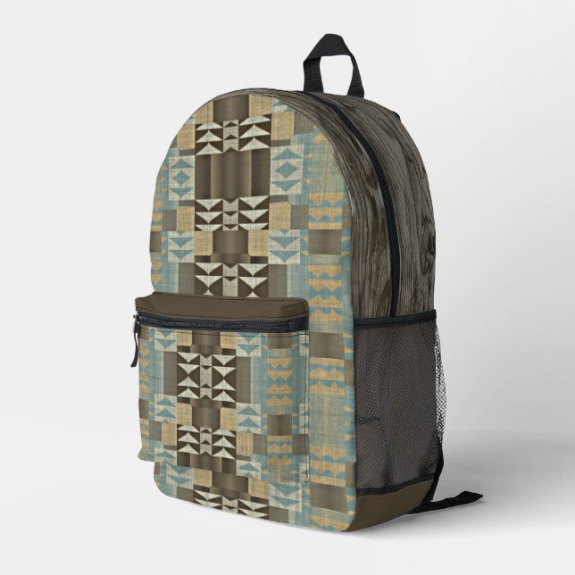 Beige Teal Blue Green Taupe Brown Tribal Pattern Printed Backpack (Back Corner Right)
