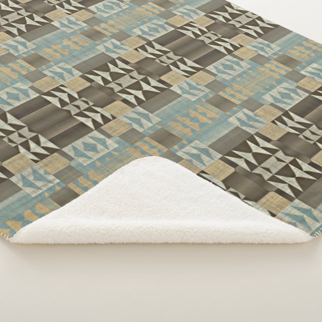 Beige Teal Blue Green Taupe Brown Tribal Pattern Sherpa Blanket (3/4)