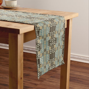 Beige Teal Blue Green Taupe Brown Tribal Pattern Short Table Runner