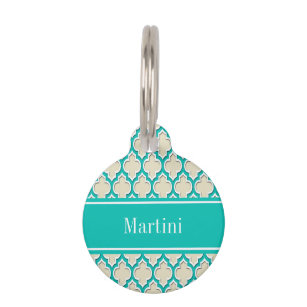 Beige Teal Wht Moroccan #4DS Teal Name Monogram Pet Tag