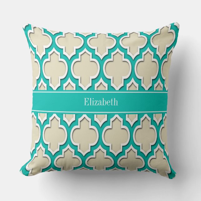 Beige Teal Wht Moroccan #4DS Teal Name Monogram Throw Pillow (Front)