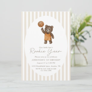Beige Teddy Bear Rookie Year 1st Bday Basketball Invitation