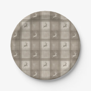 Beige Texture Plaid With Reindeer Christmas Paper Plate