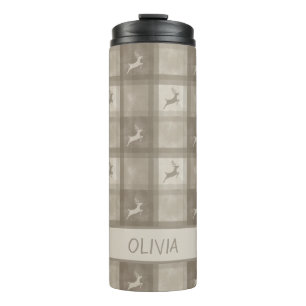 Beige Textured Reindeer Plaid Pattern Christmas Thermal Tumbler