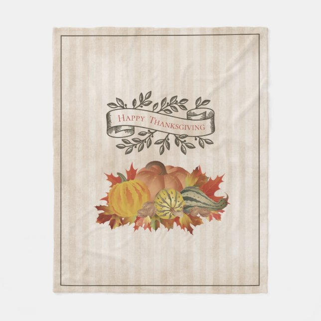 Beige Thanksgiving Pumpkins and Squash Fleece Blanket (Front)