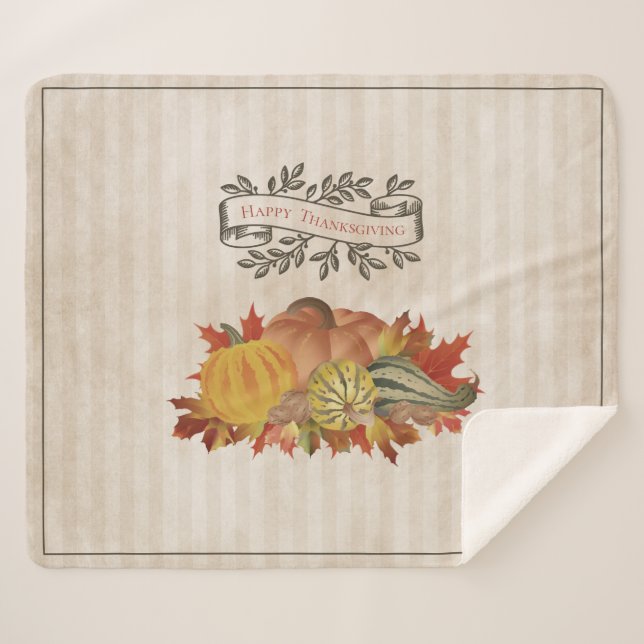 Beige Thanksgiving Pumpkins and Squash Sherpa Blanket (Front (Horizontal))