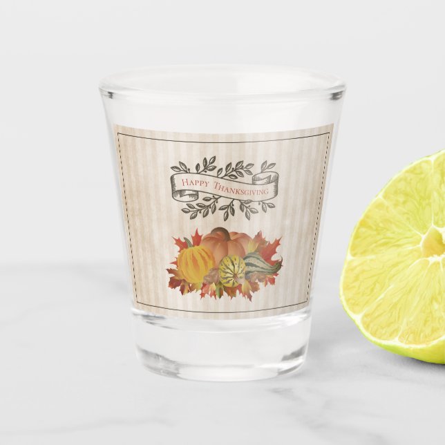 Beige Thanksgiving Pumpkins and Squash Shot Glass (Front)