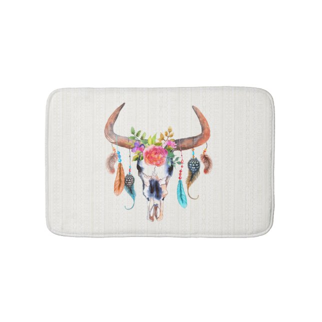 Beige Tribal Pattern And Bull Skull Bath Mat (Front)
