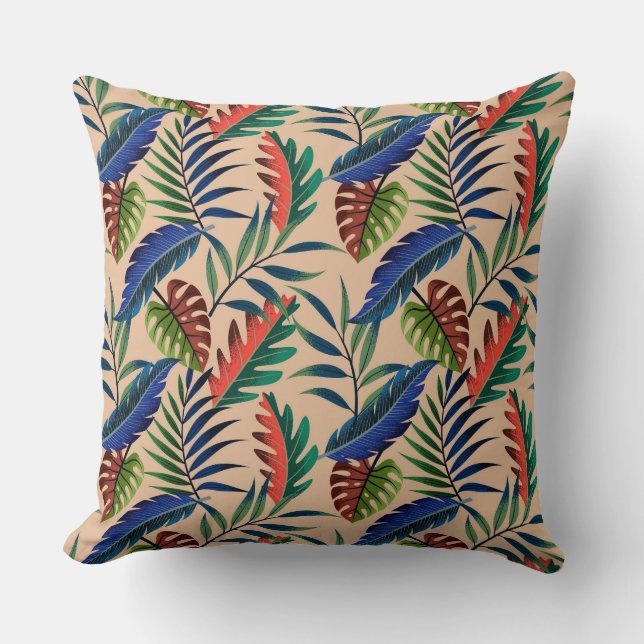 Beige Tropical Leaves Pattern Throw Pillow (Front)