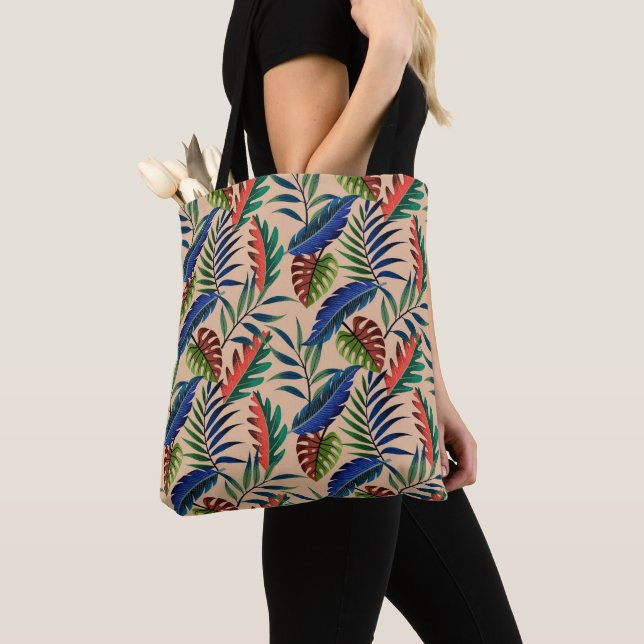 Beige Tropical Leaves Pattern Tote Bag (Close Up)
