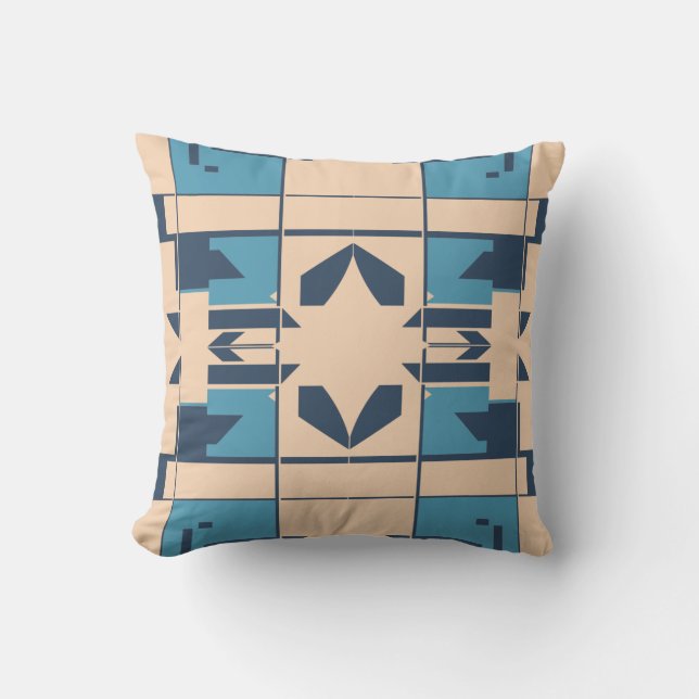 Beige Turquoise Navy Mediterranean Large Mosaics Throw Pillow (Front)