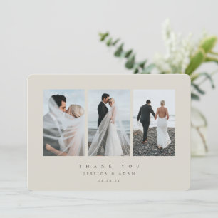 Beige Ultra Minimal Triple Photo Wedding Flat Thank You Card