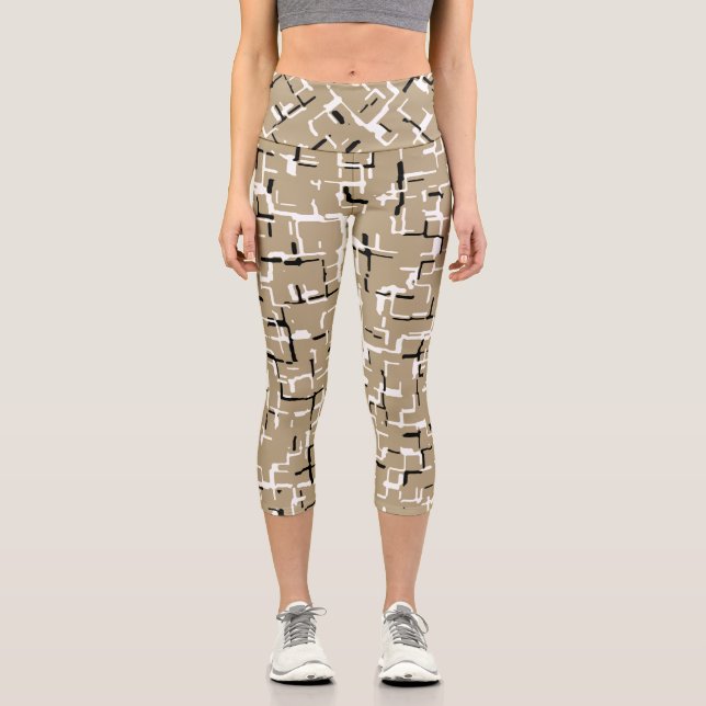 Beige Unique Black and White Pattern  Capri Leggings (Front)