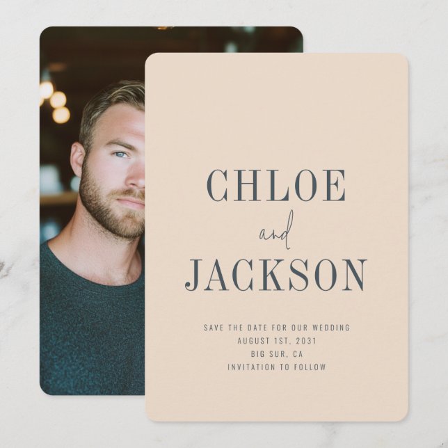 Beige Vanilla Neutral Modern Photo Wedding Save The Date (Front/Back)