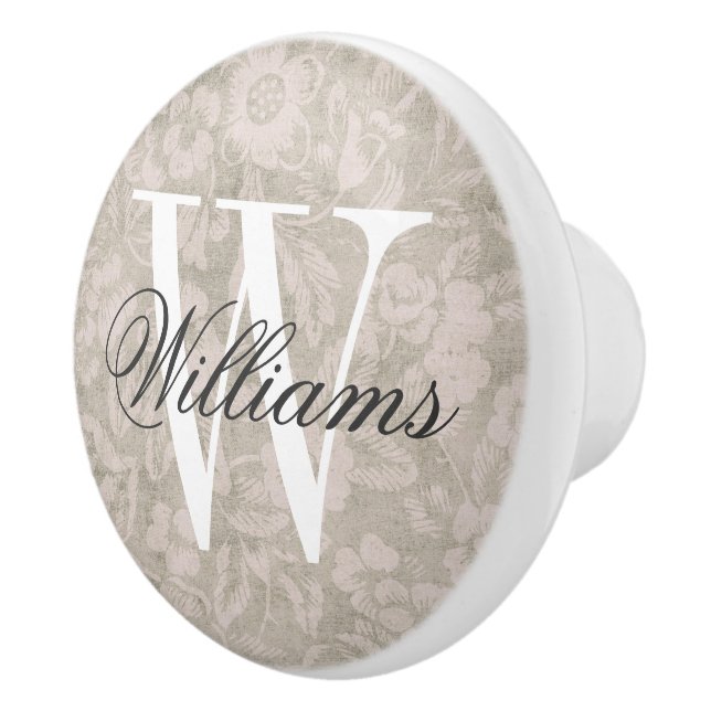 Beige Vintage Floral Print Monogram Ceramic Knob (Right)
