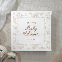 Beige Vintage Floral Toile Scalloped Baby Shower