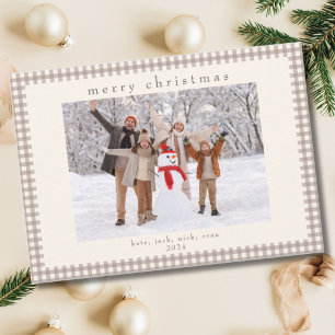Beige Vintage Gingham Check Christmas Photo Holiday Card