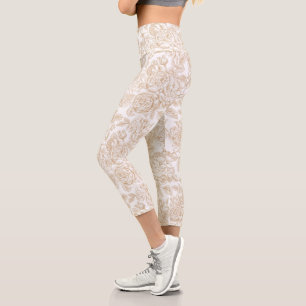 Beige Vintage Rose Flower Pattern Capri Leggings