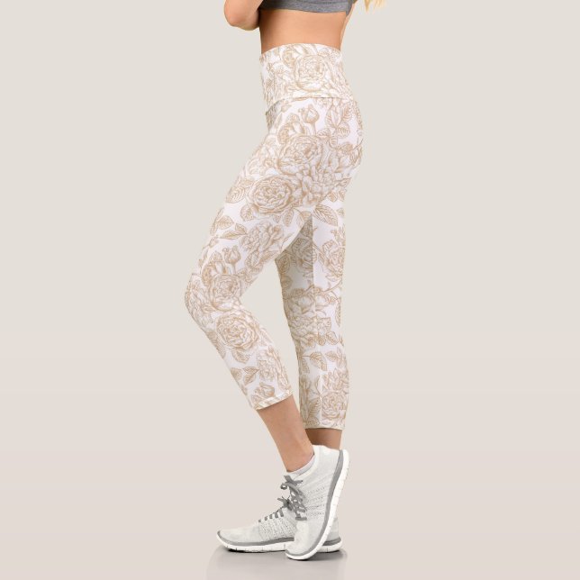 Beige Vintage Rose Flower Pattern Capri Leggings (Left)
