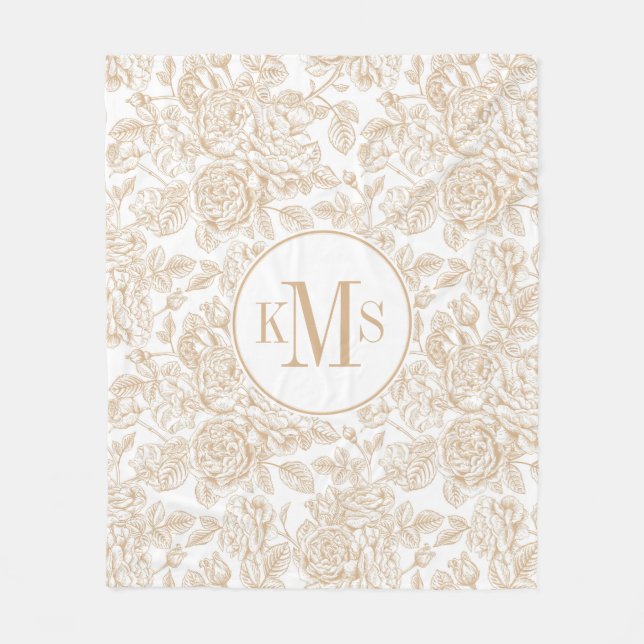 Beige Vintage Rose Flower Pattern Fleece Blanket (Front)