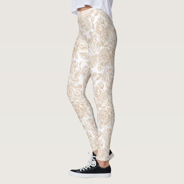 Beige Vintage Rose Flower Pattern Leggings (Left)