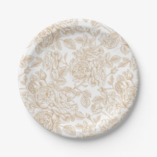 Beige Vintage Rose Flower Pattern Paper Plate