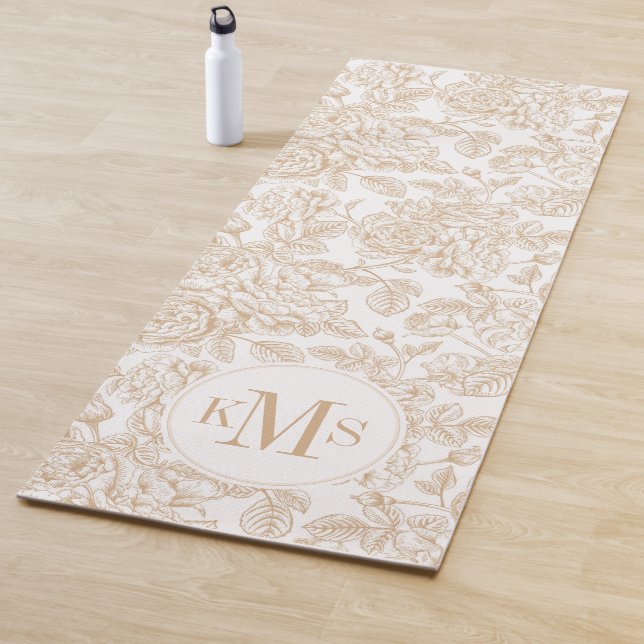 Beige Vintage Rose Flower Pattern Yoga Mat (In Situ)