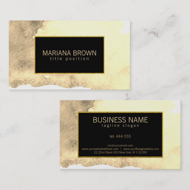 Beige Watercolor Background Gold Frame Business Card (Front/Back)
