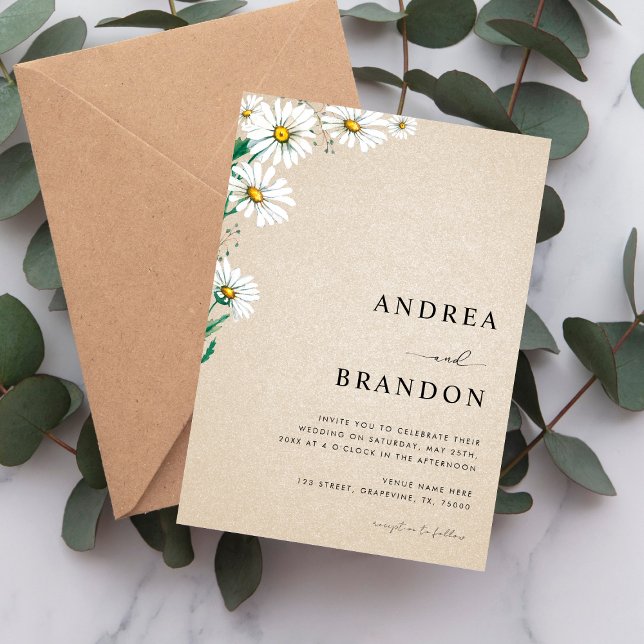 Beige Watercolor Daisy Wildflower QR Code Wedding  Invitation (Creator Uploaded)